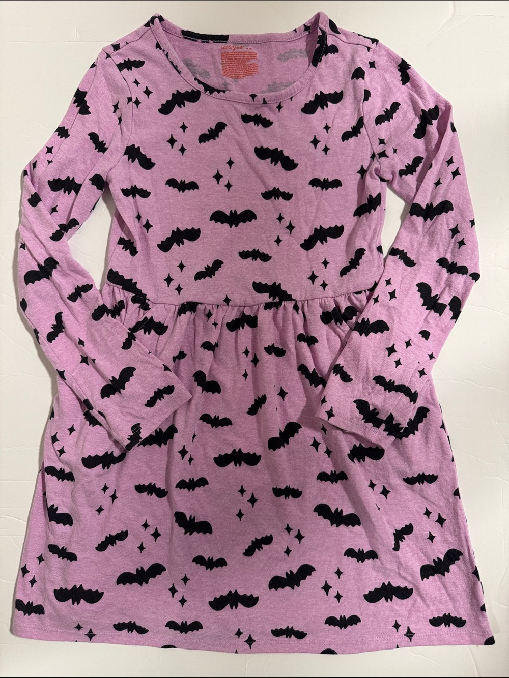 Girls' Lavender Bat Print Long-Sleeve Dress with Pockets Halloween